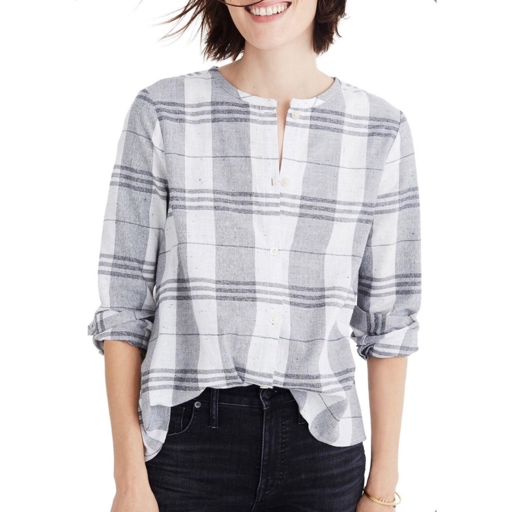 Madewell Gray & White Window Pane Button Blouse